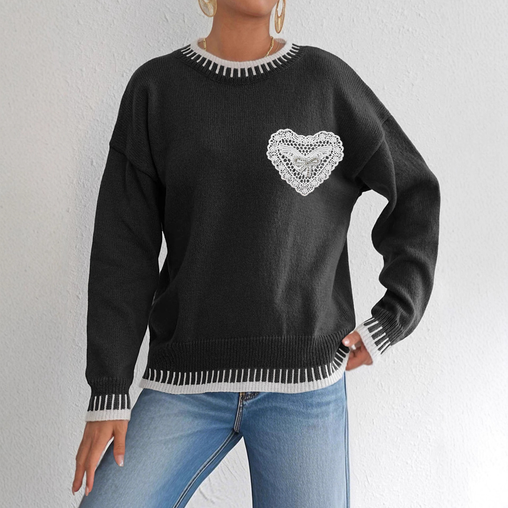 Colorblock Butterfly Lace Heart Pocket Pullover Sweater