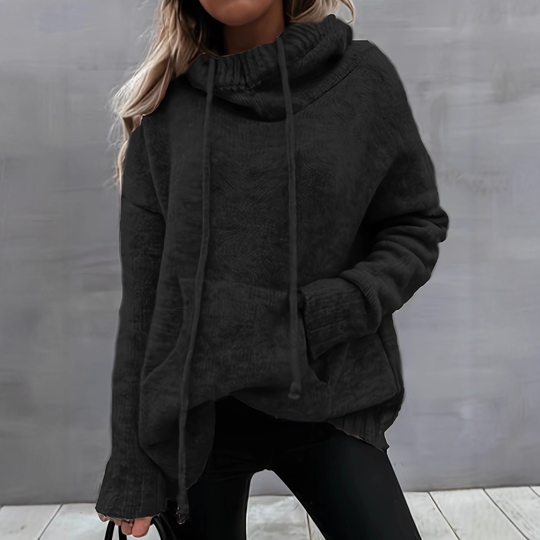 Women's Solid Color Drawstring Pocket Loose Irregular Neck Knit Sweater