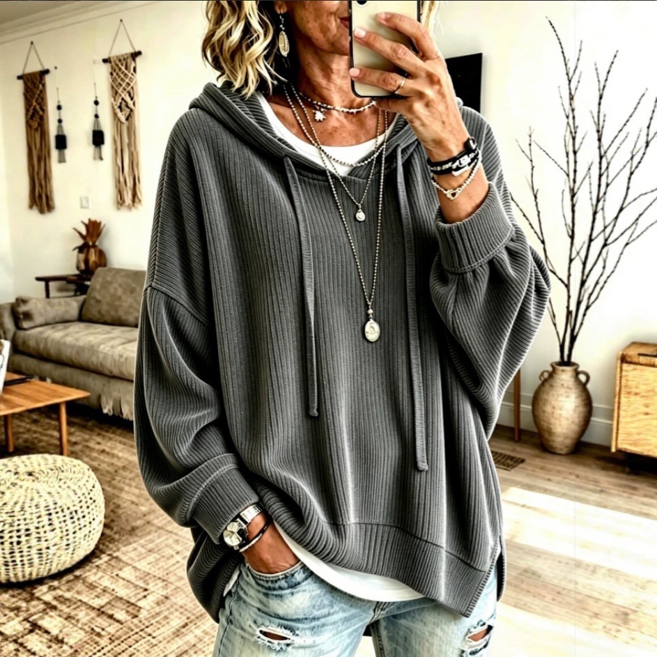 2026 Women's Knit Hooded Drawstring Sweatshirt Jacket Casual Loose Fit for Europe & America Cross-border Amazon Independent Site