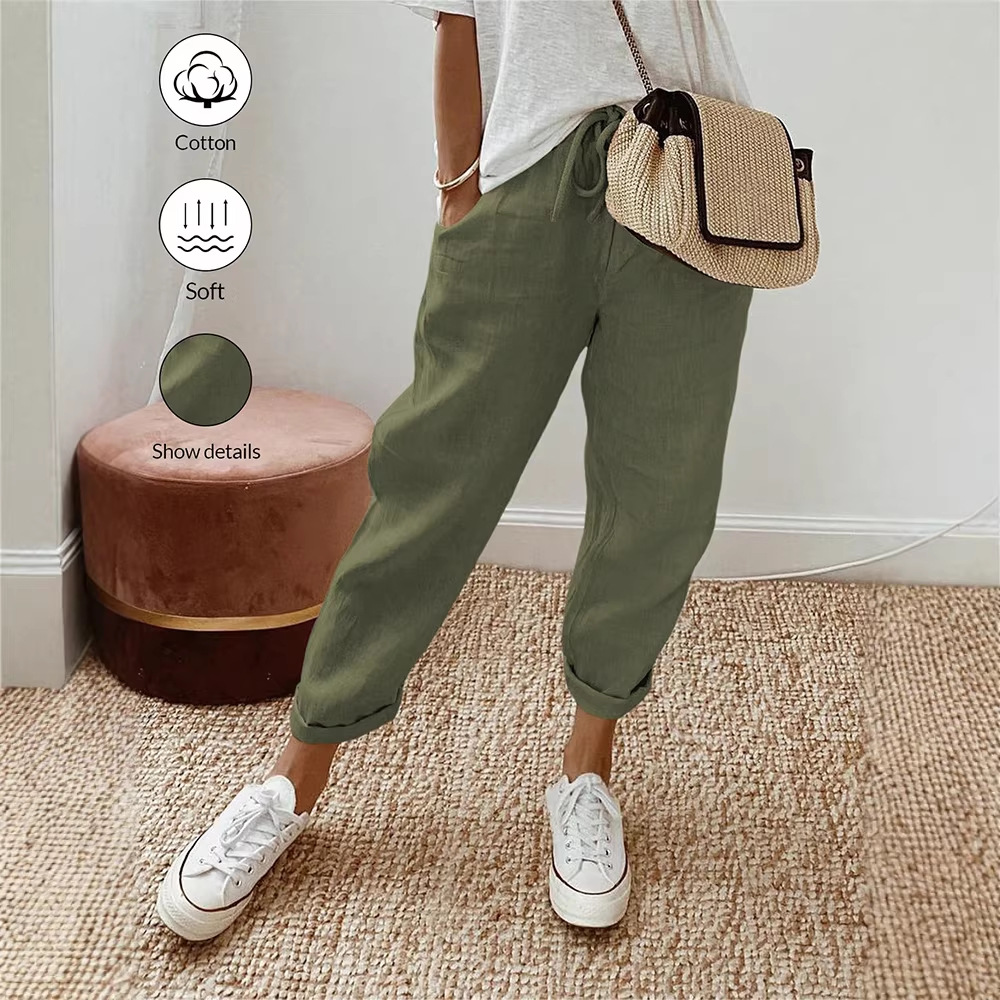 Women's Cotton Linen Cropped Pants with Pockets and Elastic Waist, Loose Casual