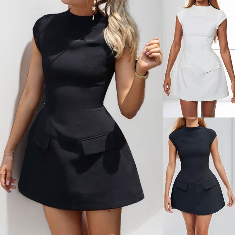 Women's Solid Color Round Neck High Waist Slim Fit Dress