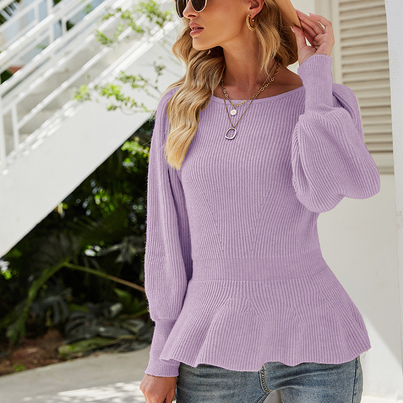 Women's Waist-Fitted Lantern Sleeve Knit Top Solid Color Sweater