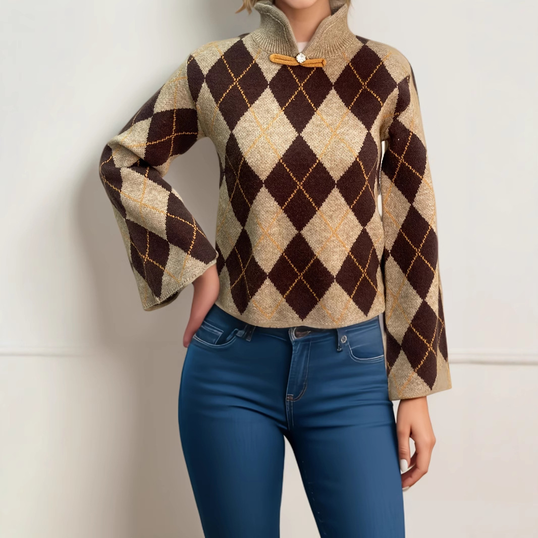 Chinese-Style Flared-Sleeve Ruyi Button Stand-Collar Jacquard Knit Top