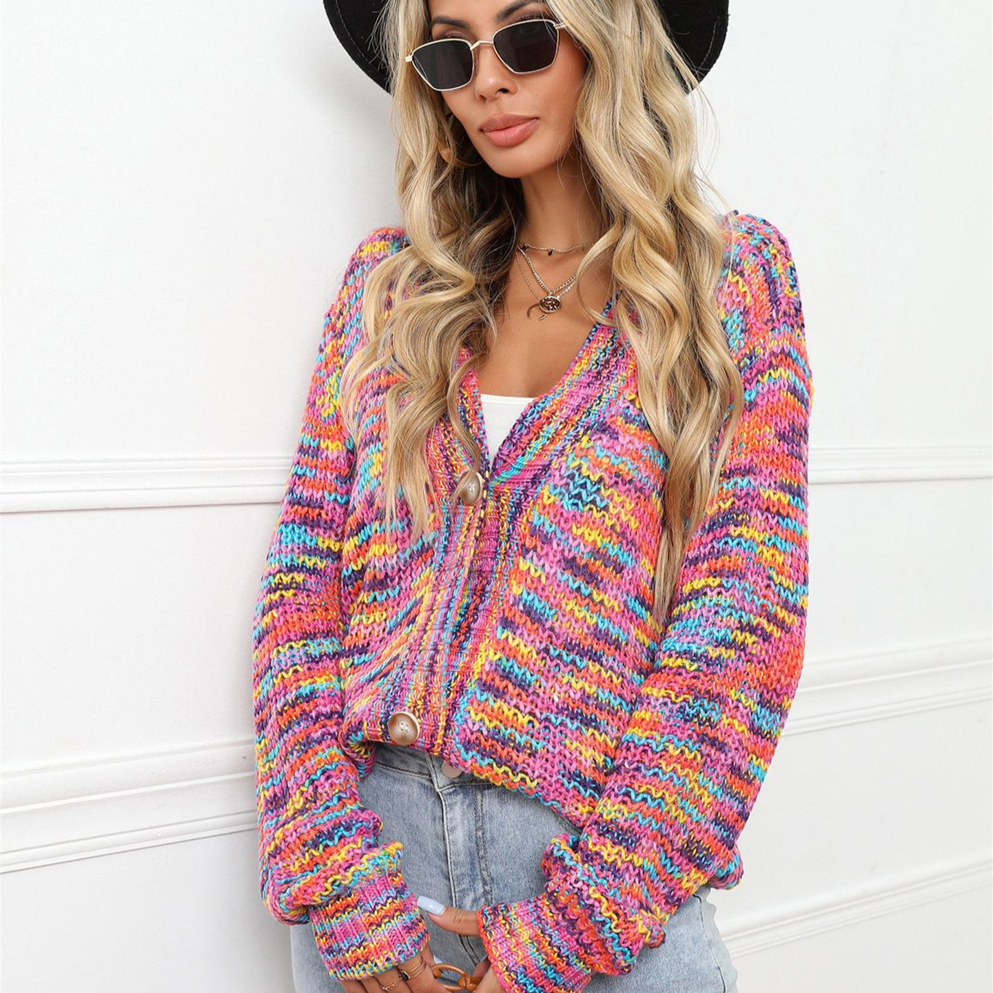 Rainbow Colorblock Short Cardigan Knit Button-Front Plus Size