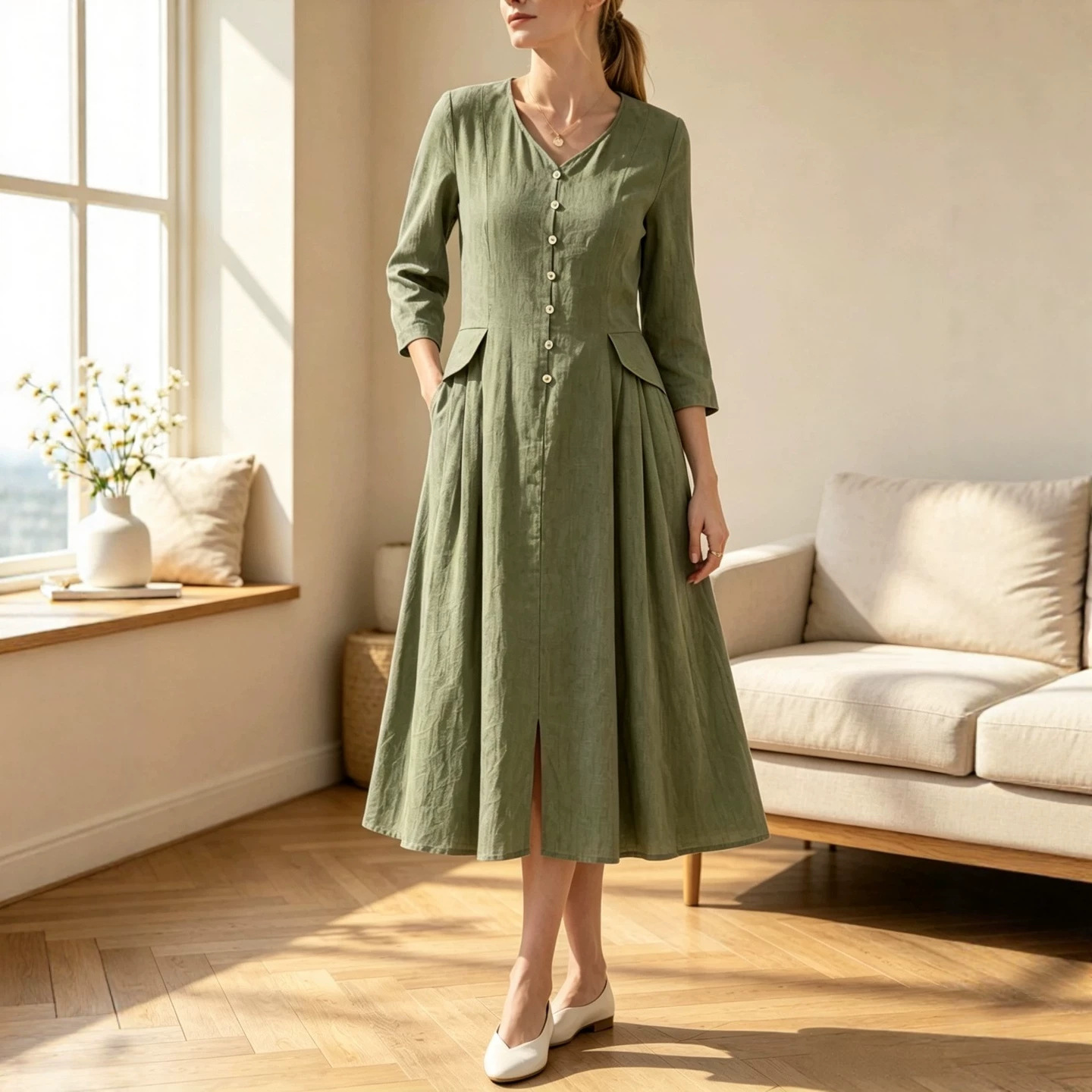 Solid Color High-Waist Loose A-Line Midi Dress with V-Neck and 3/4 Sleeves