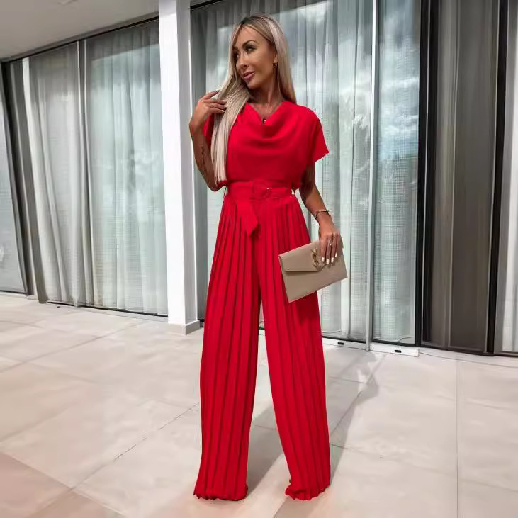 Women's Loose Wide-Leg Pleated Jumpsuit with Belt Solid Color