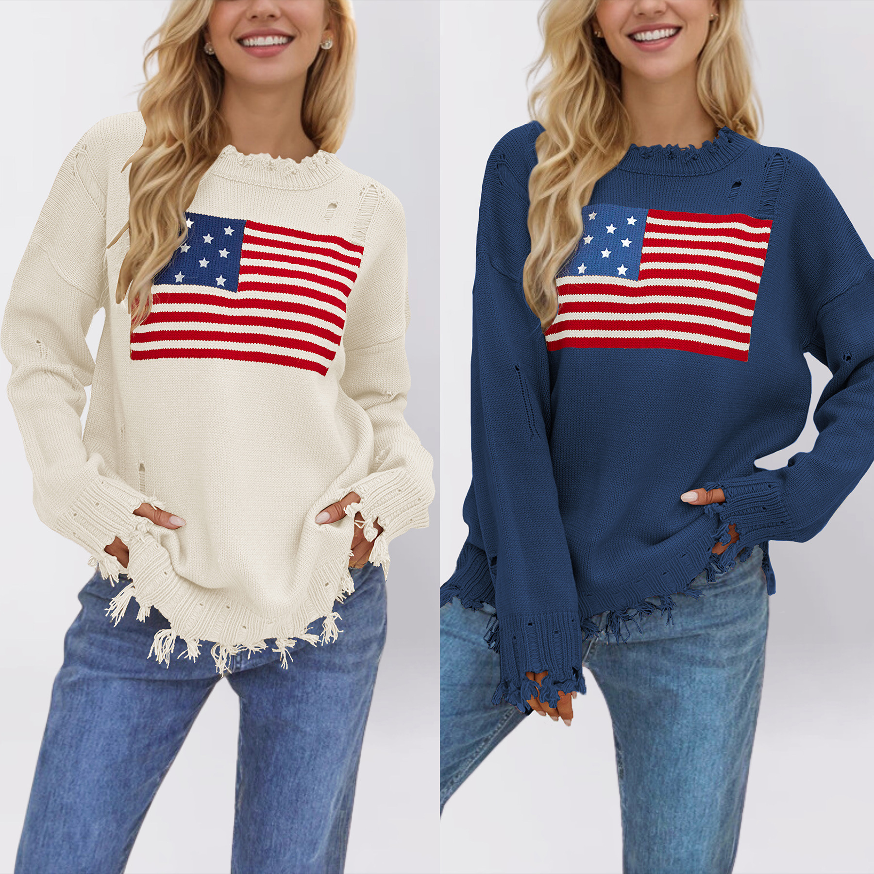 Women's Flag Pattern Crewneck Pullover Sweater