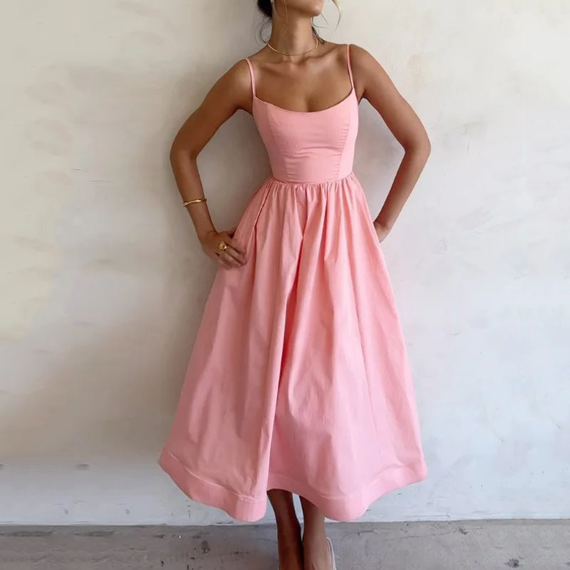 Women's Sleeveless Pleated Fit-and-Flare Cami Dress Solid Color