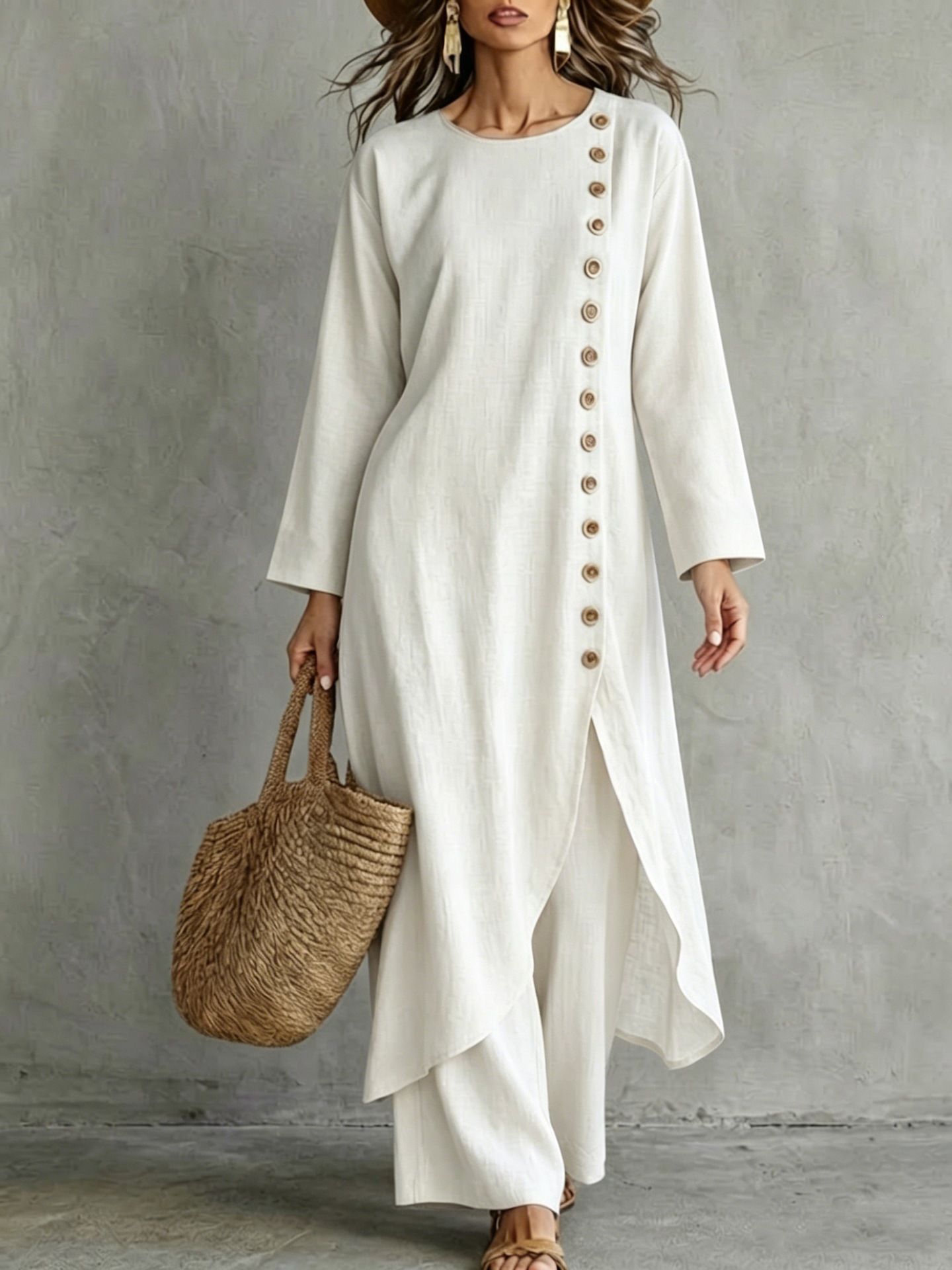 Solid Color Loose Button Round Neck Long Sleeve Dress