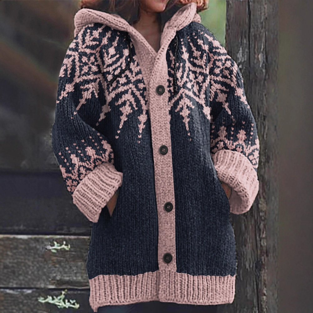 Women's Boho Print Hooded Button Cardigan Sweater