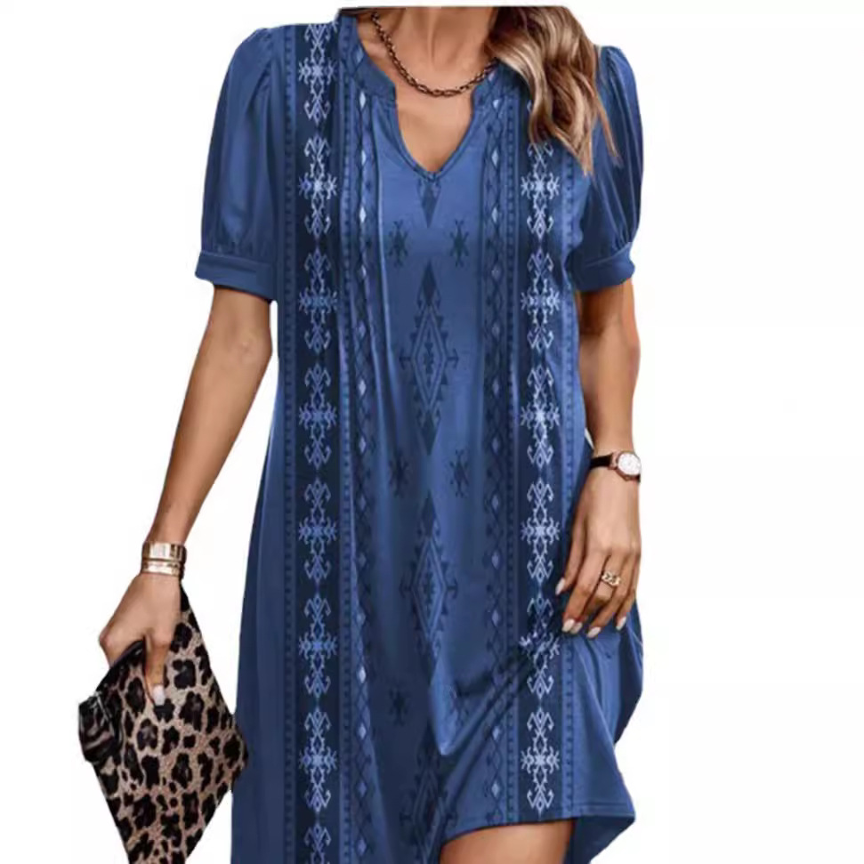 Women's Summer Casual Loose V-Neck Short Sleeve Patchwork Dress