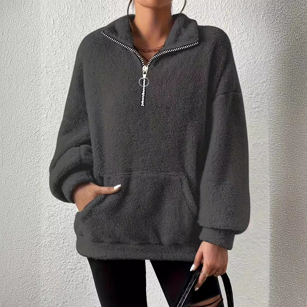 Fleece-Lined Zip-Up Hoodie for Women with Stand Collar and Pockets