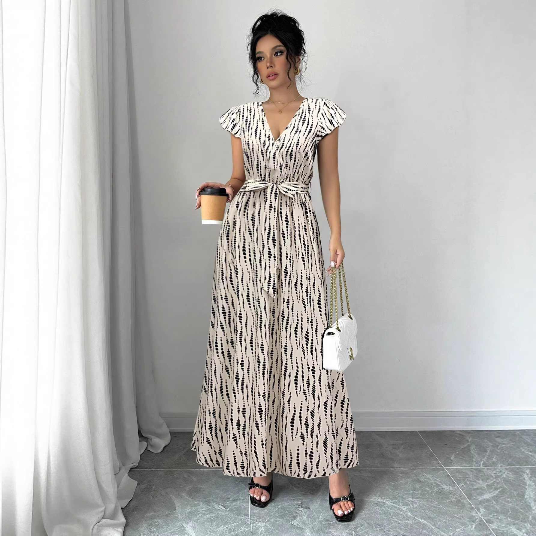 V-Neck Midi Dress with Ruffle Sleeves and High Waist