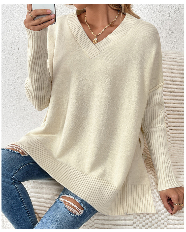 Women's V-Neck Pullover Sweater Lazy Style Patchwork Long Sleeve Knit Top