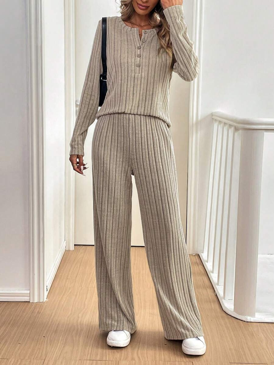 Women's Casual Straight-Leg Ribbed Knit Set with Buttons