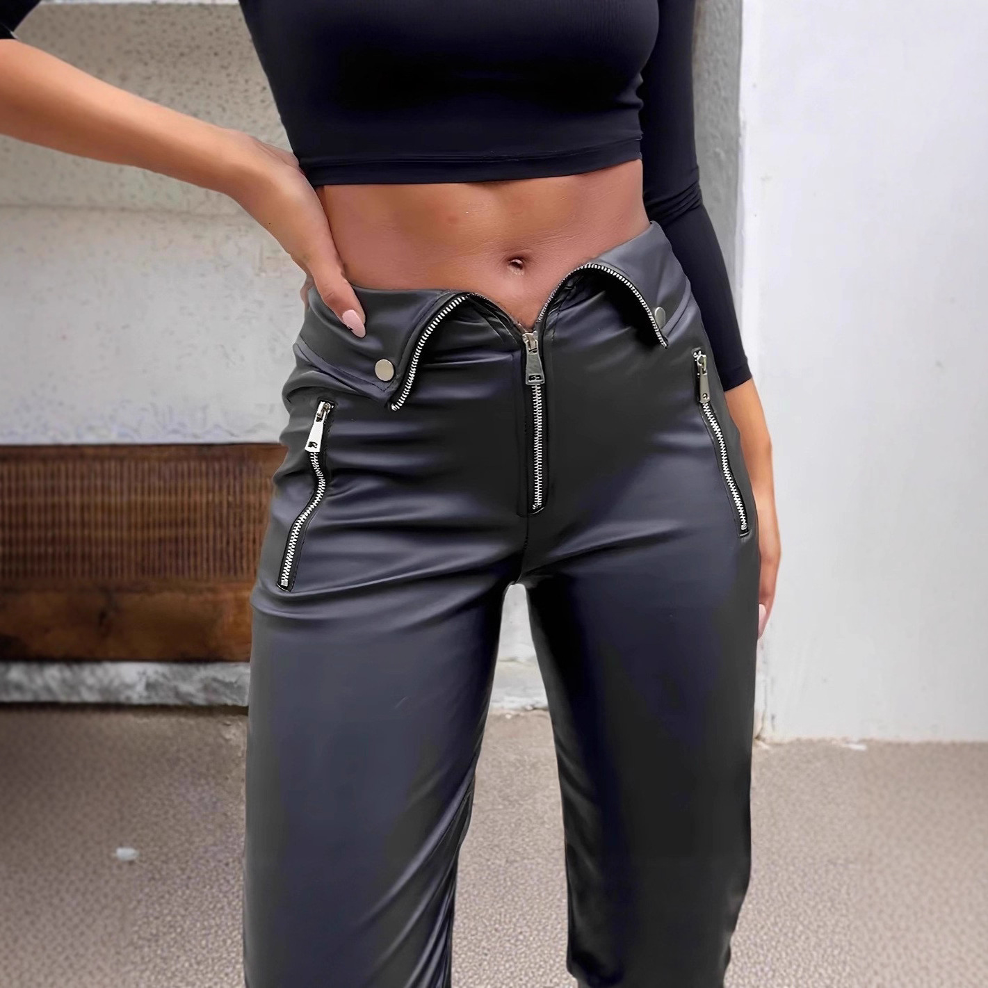 High-Waisted PU Leather Straight-Leg Pants with Metal Zip