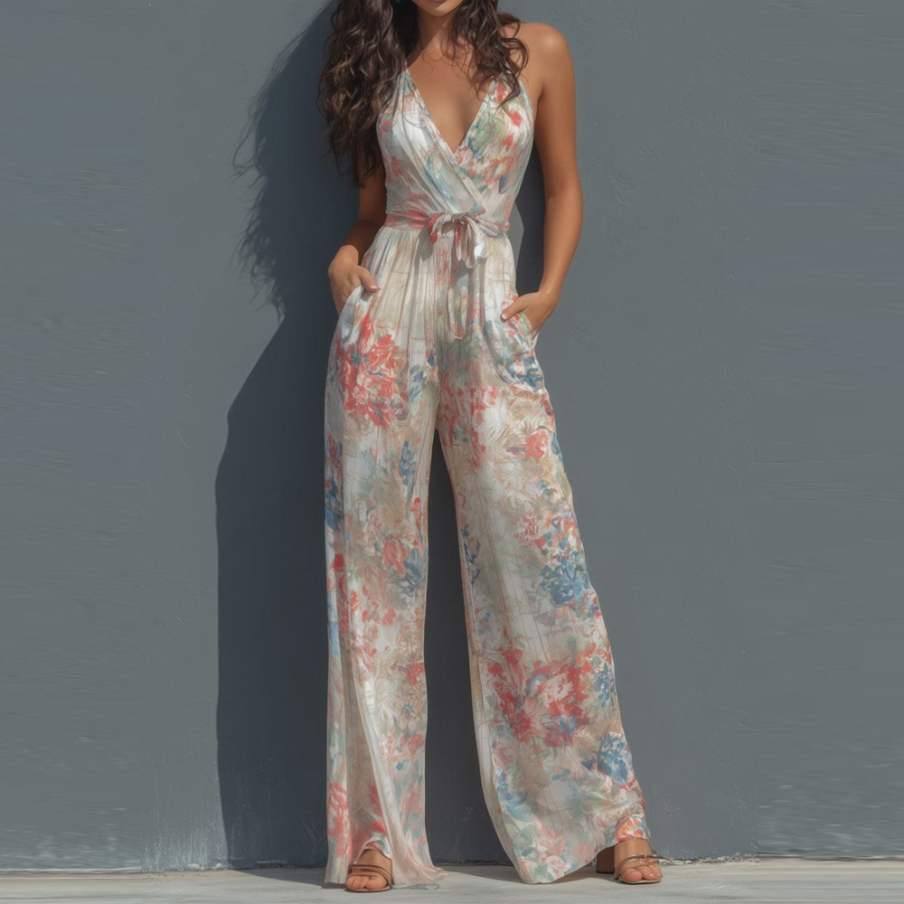 Women's Floral Print Deep V-Neck Backless Sleeveless Jumpsuit