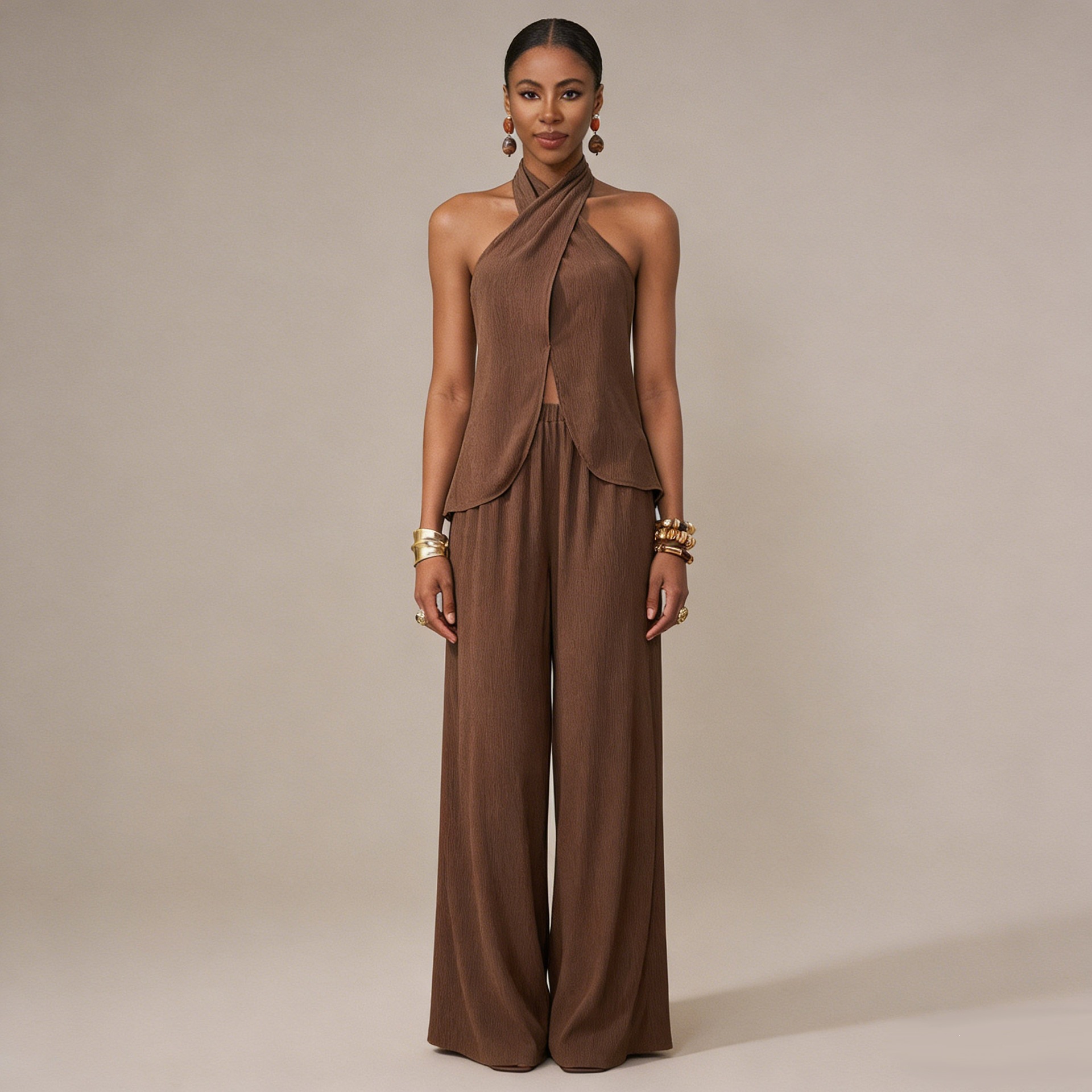 French Khaki Sleeveless Vest and Pants Casual Set