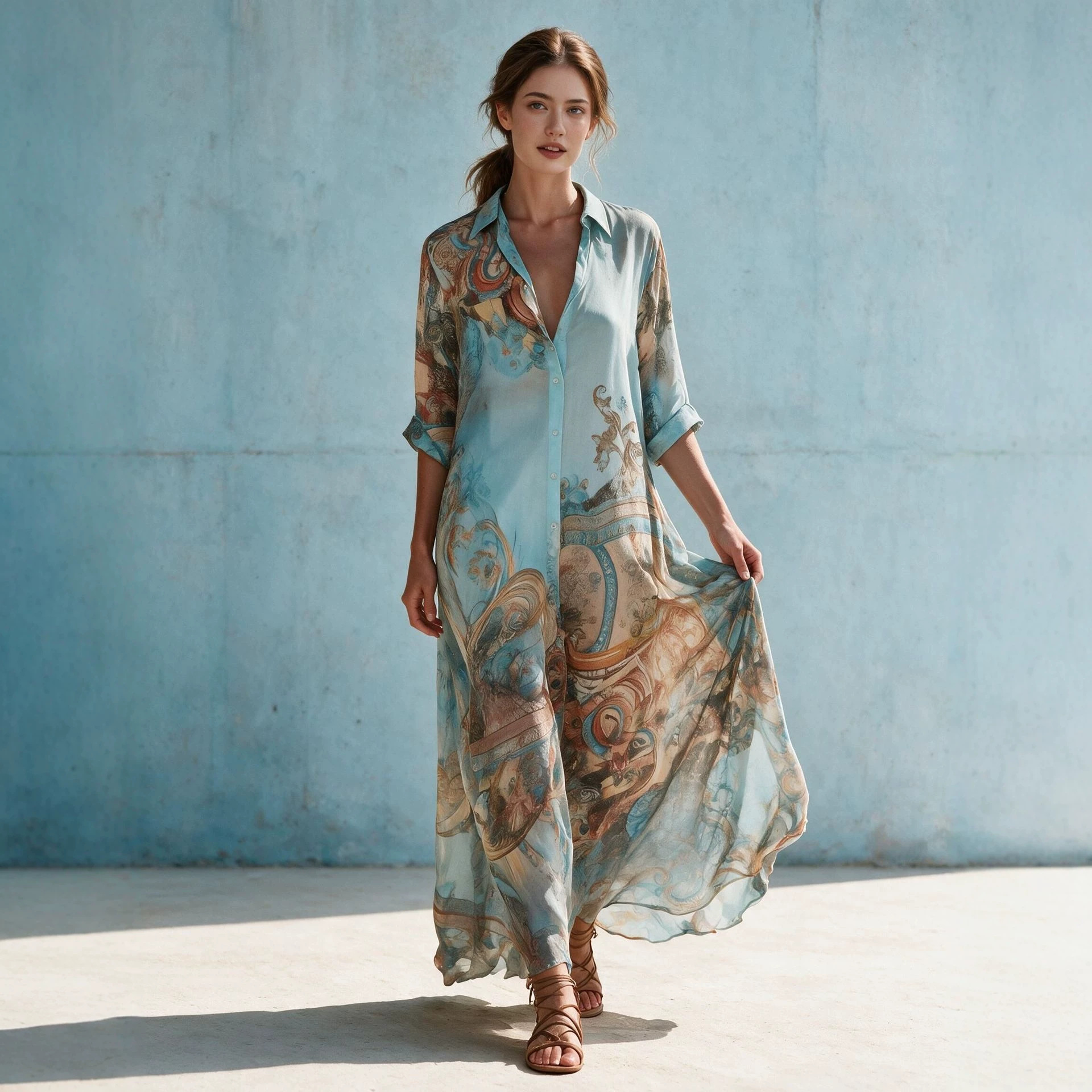 Floral Print Long Dress with Silk-Like Texture, Vacation Style, Elegant A-Line