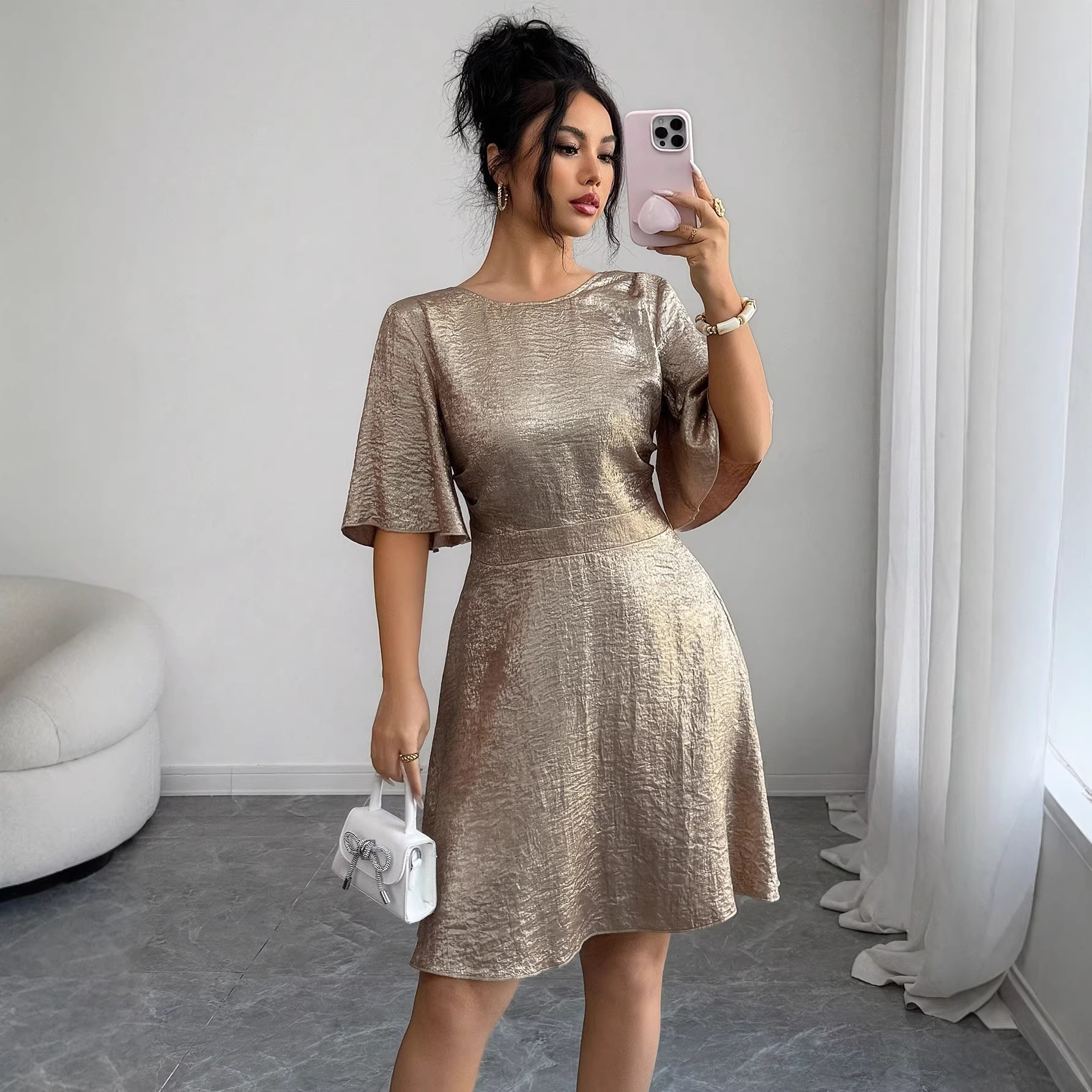 Women's Flare-Sleeve Open-Back Tie-Waist A-Line Mini Dress