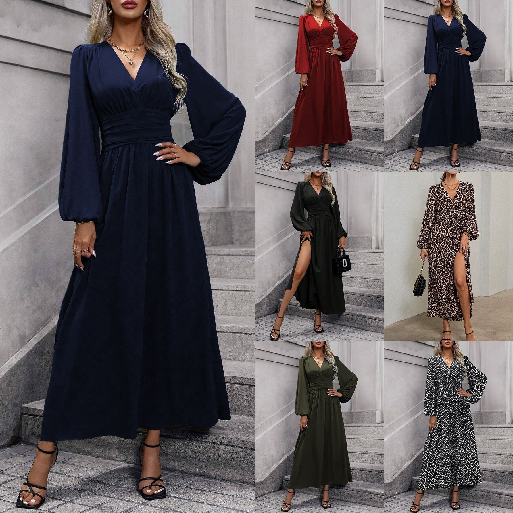 Women's Lantern Sleeve Ruched High Slit Dress