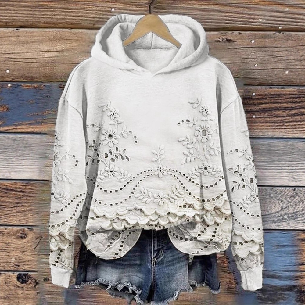 Women's Floral Print Hooded Sweatshirt Solid Color Pullover