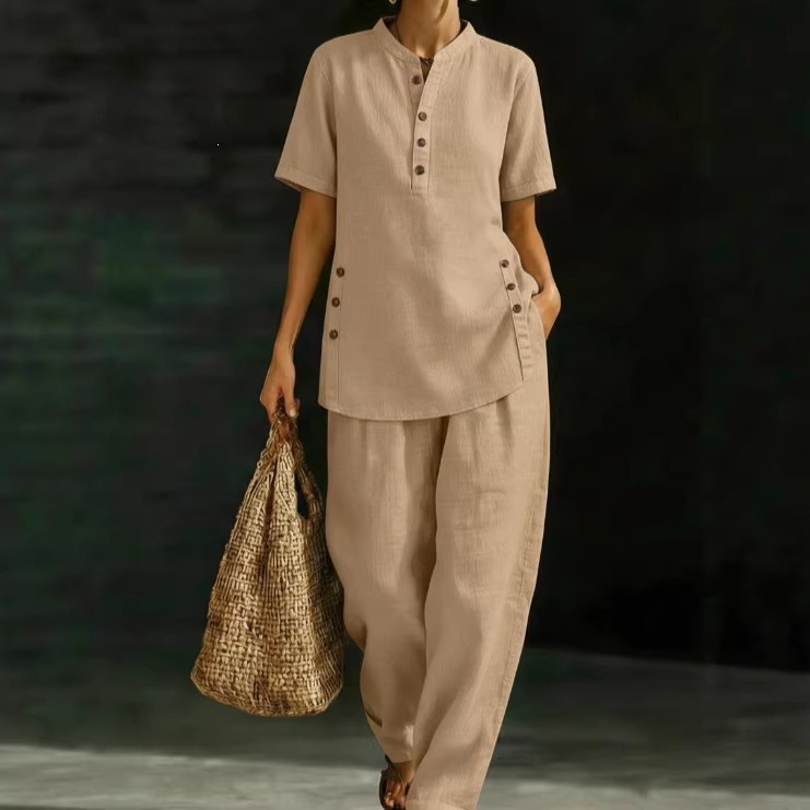 Women's Linen-Blend Button Shirt and Wide-Leg Pants Two-Piece Set