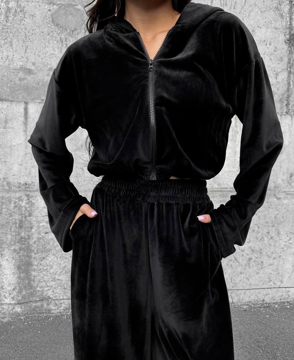 Velvet Hooded Two-Piece Set Women's Cropped Cardigan & High-Waist Wide-Leg Pants