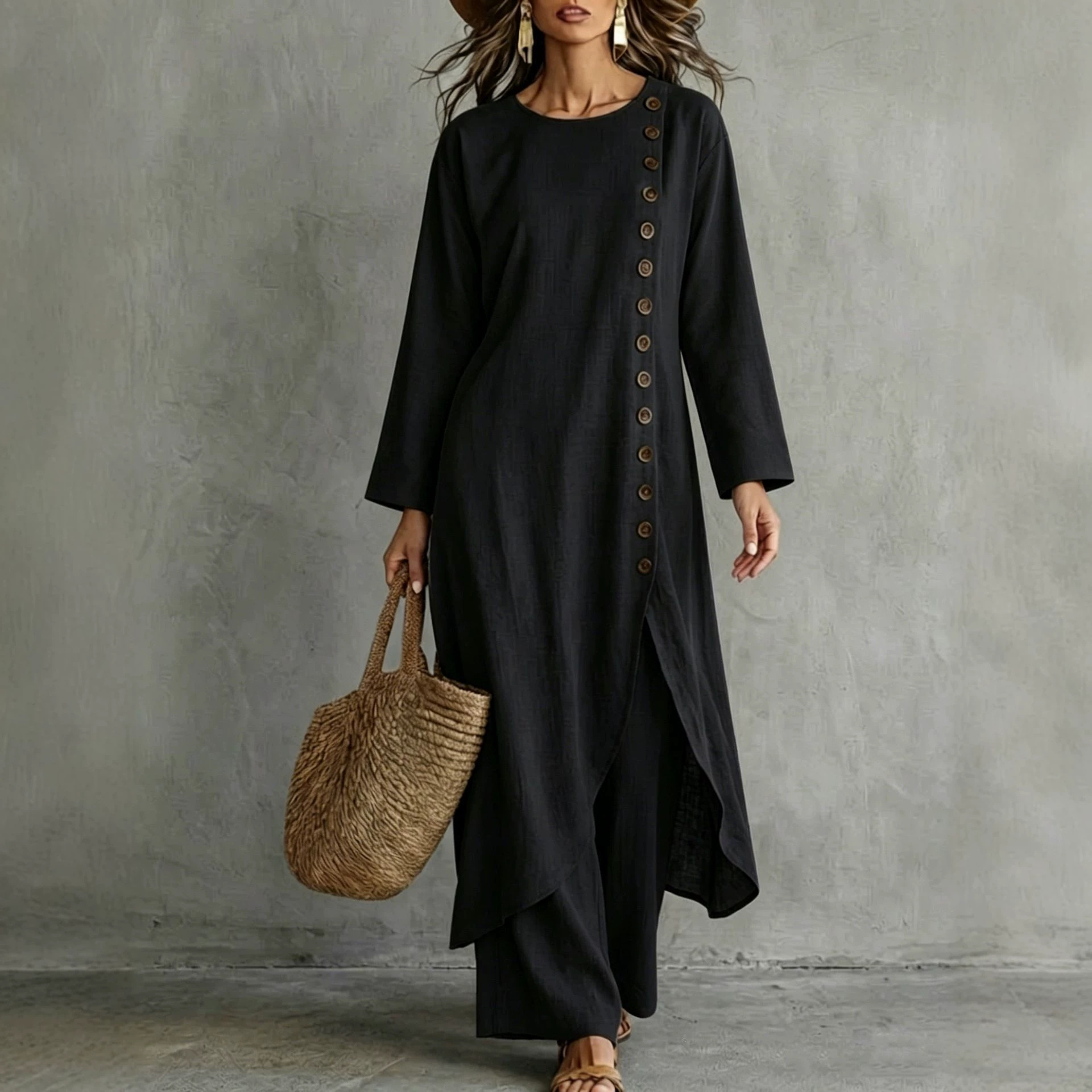 Solid Color Loose Button Round Neck Long Sleeve Dress