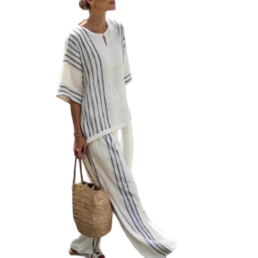 Striped Short Sleeve Top and Pants 2-Piece Set