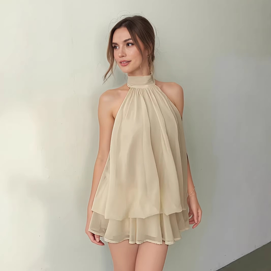 Solid Halter Neck Open Back Fitted Top Puff Skirt Mini Dress