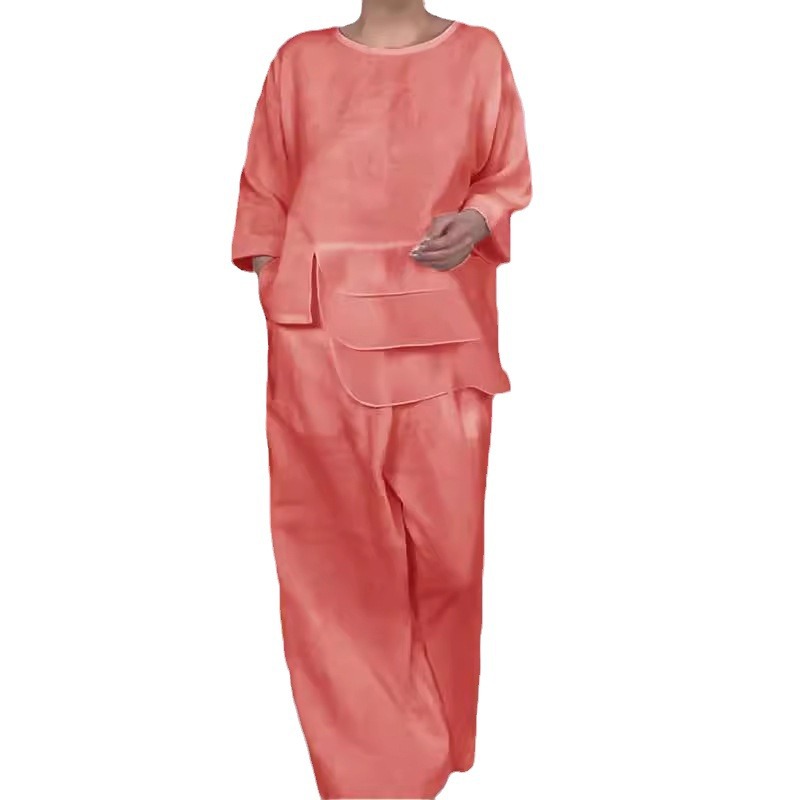 Crewneck Satin Layered Top & Wide-Leg Pants Set