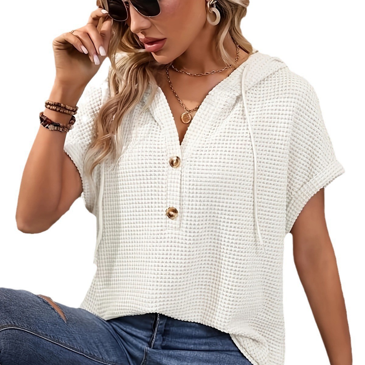 Women's Solid Button Short-Sleeve Top