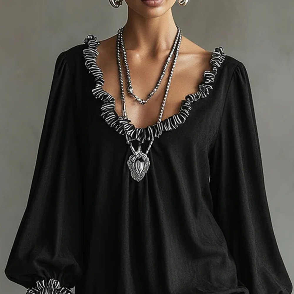 Black Ruffle-Trim A-Line Midi Dress Long Sleeve