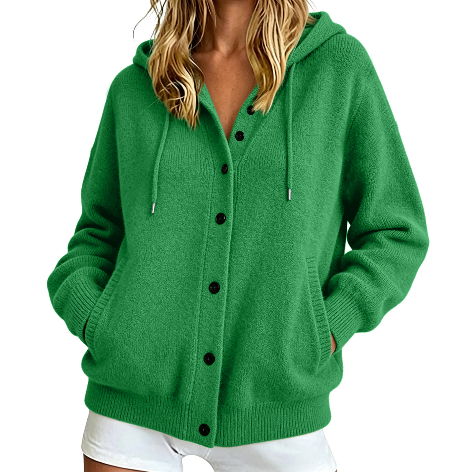 Button-Up Hooded Knit Cardigan Sweater, Solid Color Casual