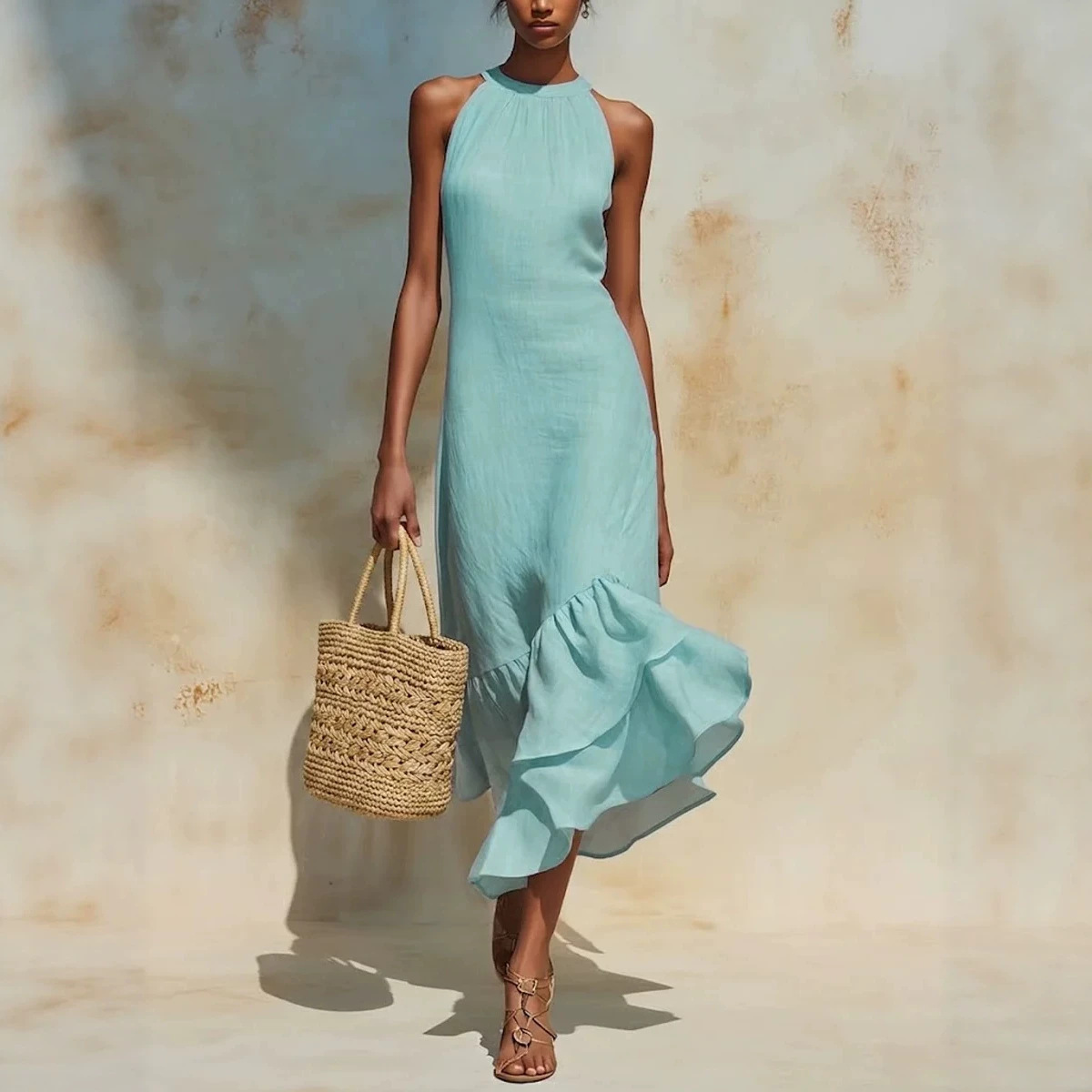 Women's Sleeveless Halter Cotton-Linen Dress with Asymmetrical Ruffle Fishtail Hem