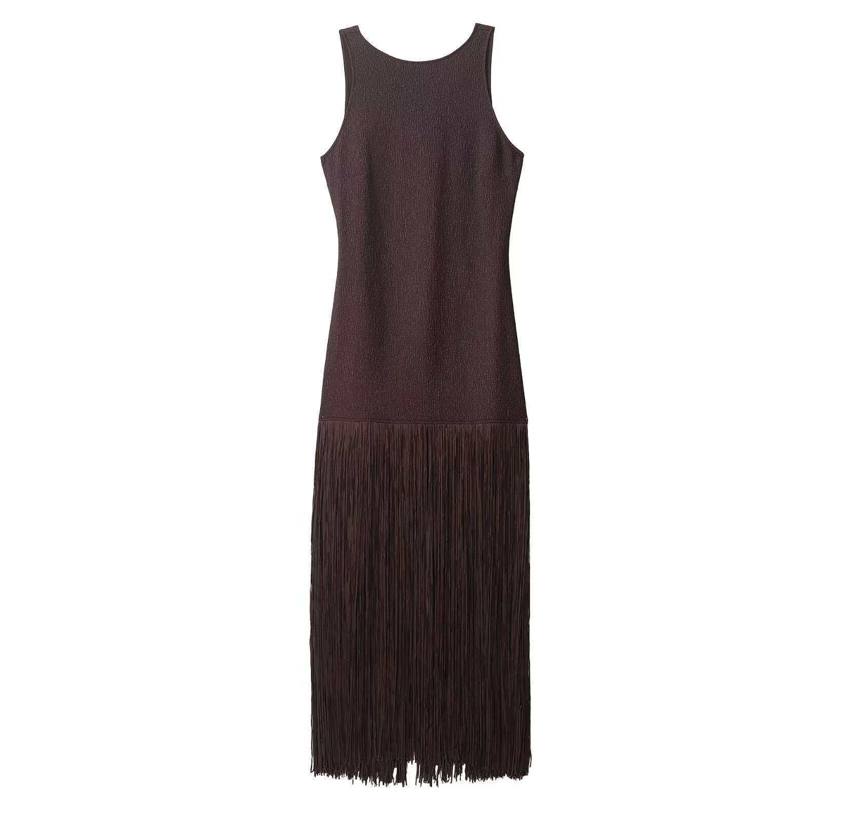 Women's Sleeveless Round Neck Fringe Bodycon Midi Dress