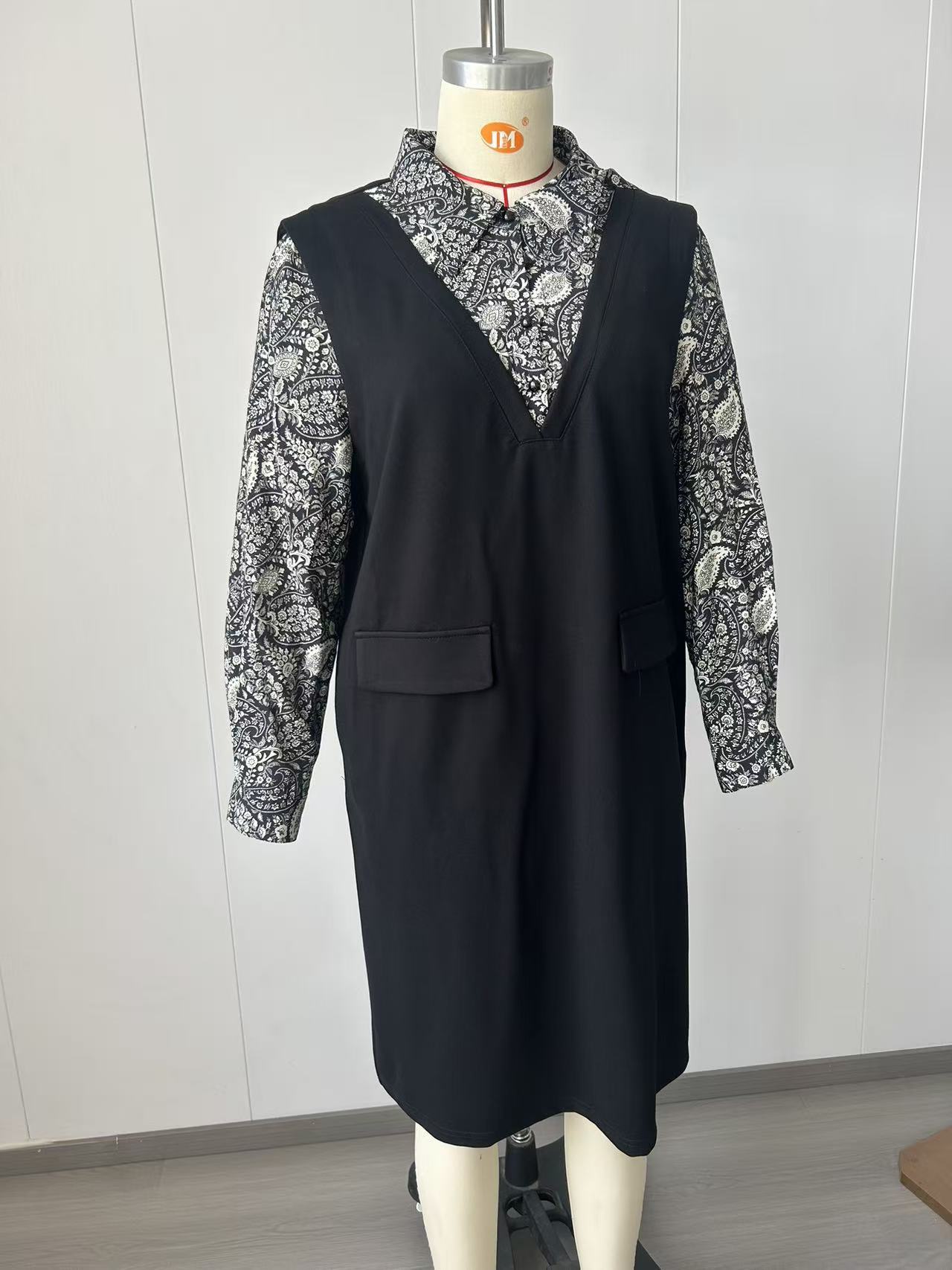 Women's Plus Size Colorblock Faux Two-Piece Long Sleeve Midi Dress