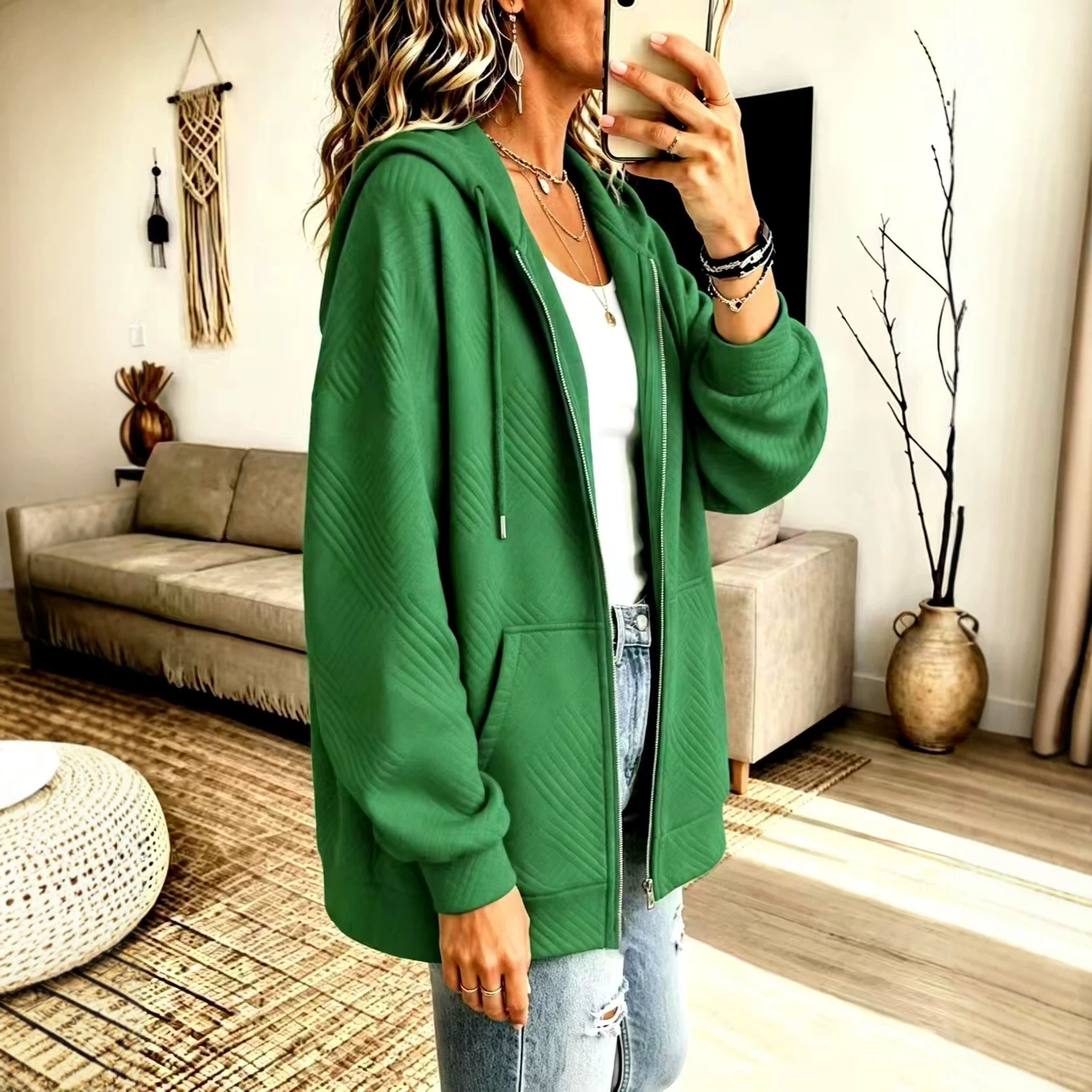 Plus Size Solid Color Hooded Zip-Up Loose Fit Women's Sweatshirt