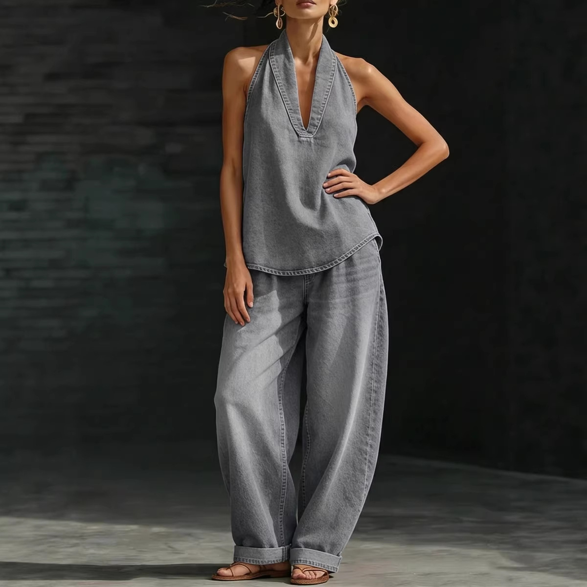 Women's Retro Buckle Denim Top & Wide-Leg Jeans Set