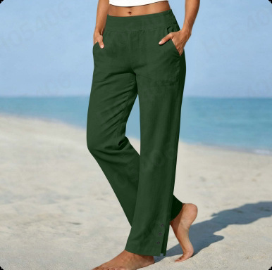 Women's Cotton Linen High Waist Wide Leg Pants with Side Slit Buttons
