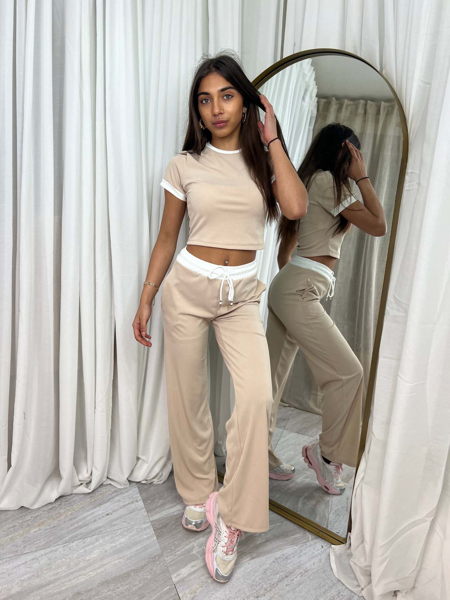 Women's Colorblock Short Sleeve Top and Drawstring Wide Leg Pants Set