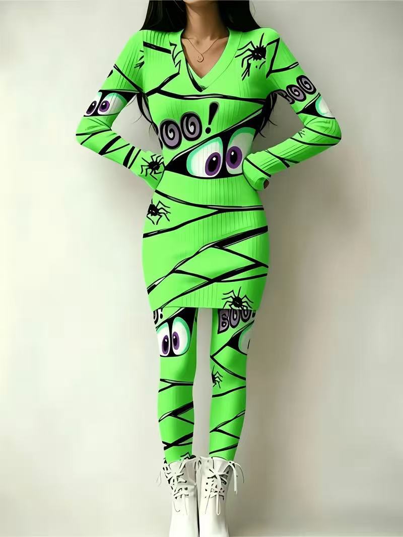 Anime Eye Print Long Sleeve Bodycon Top and Skirt Set