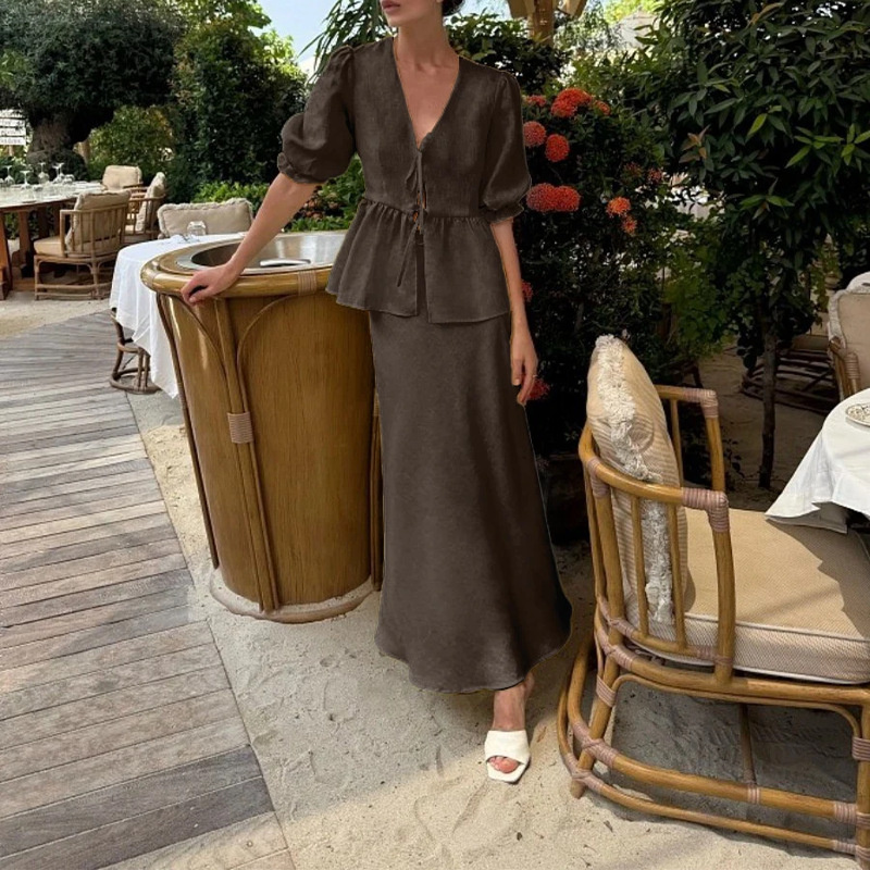 Elegant Tie-Front Solid Color Shirt and Long Skirt Two-Piece Set