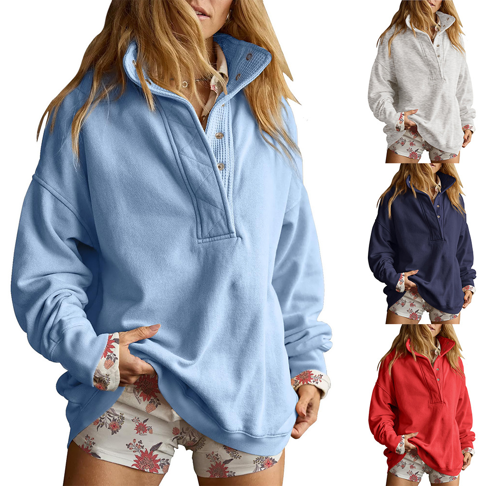 Women's Loose Half-Button Pullover Long-Sleeve Sweatshirt
