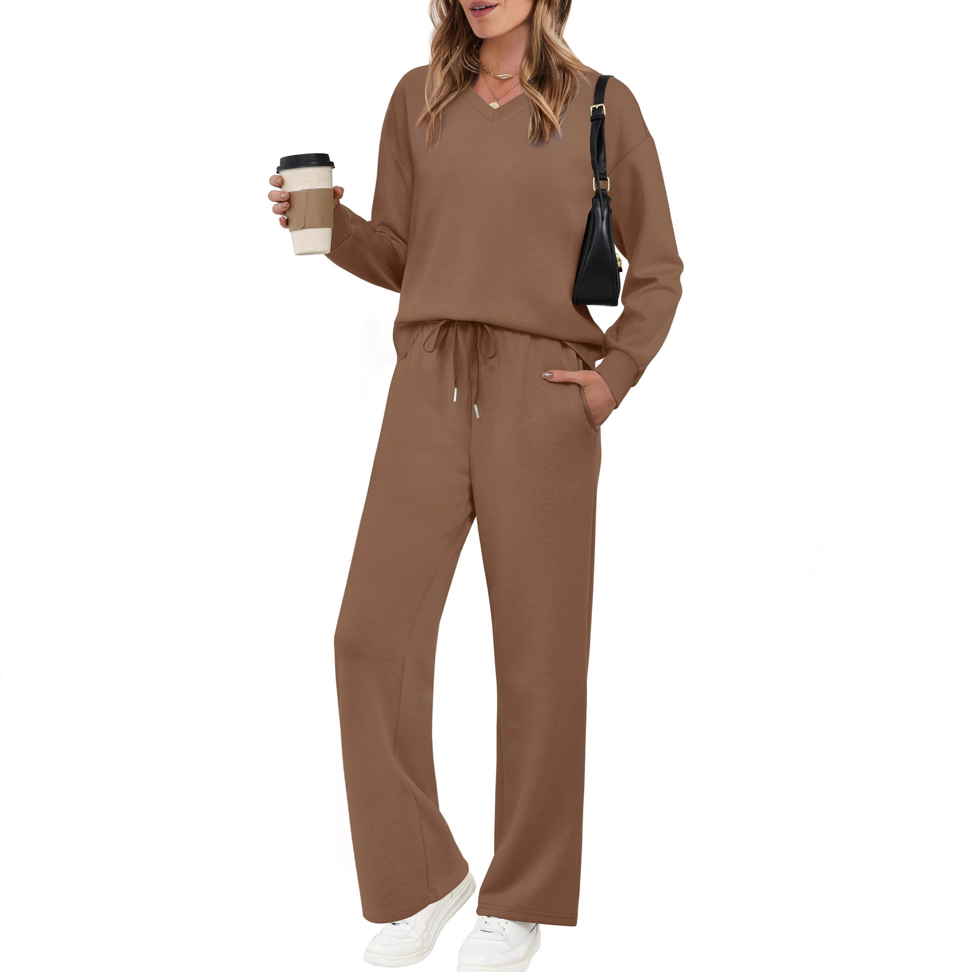 Women's Long Sleeve Drawstring Solid Color Casual Pants Set