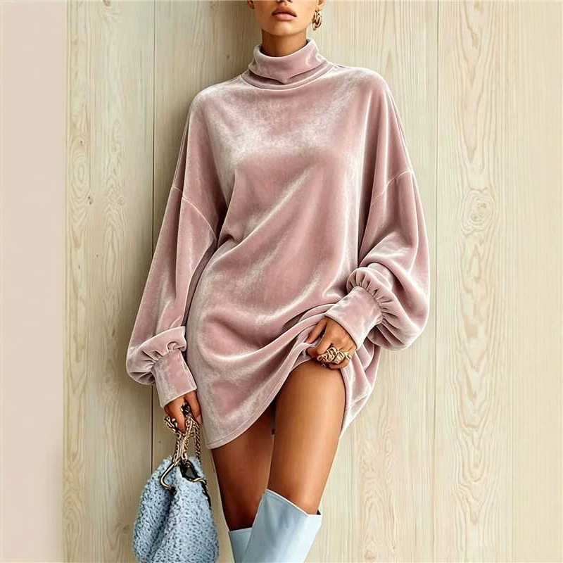 Women's Velvet Cowl Neck Lantern Sleeve Loose Dress