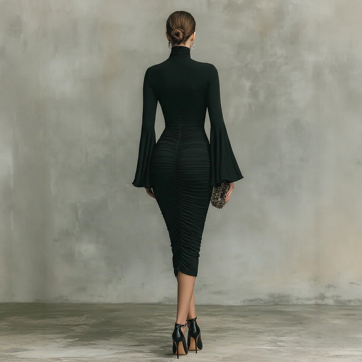 High-Neck Ruched Bodycon Midi Dress with Bell Sleeves