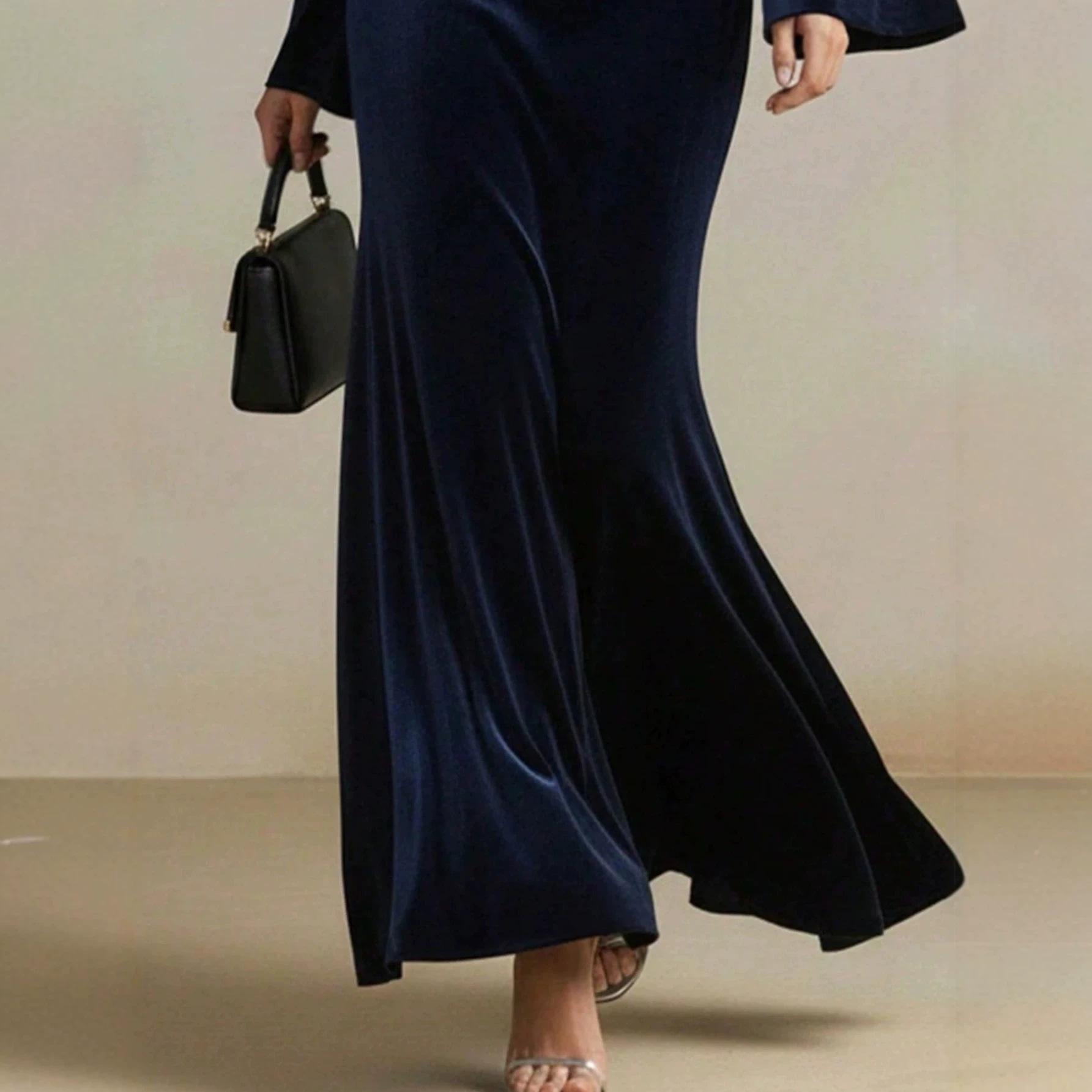 Velvet Waist-Cinching Flare-Sleeve Long Dress