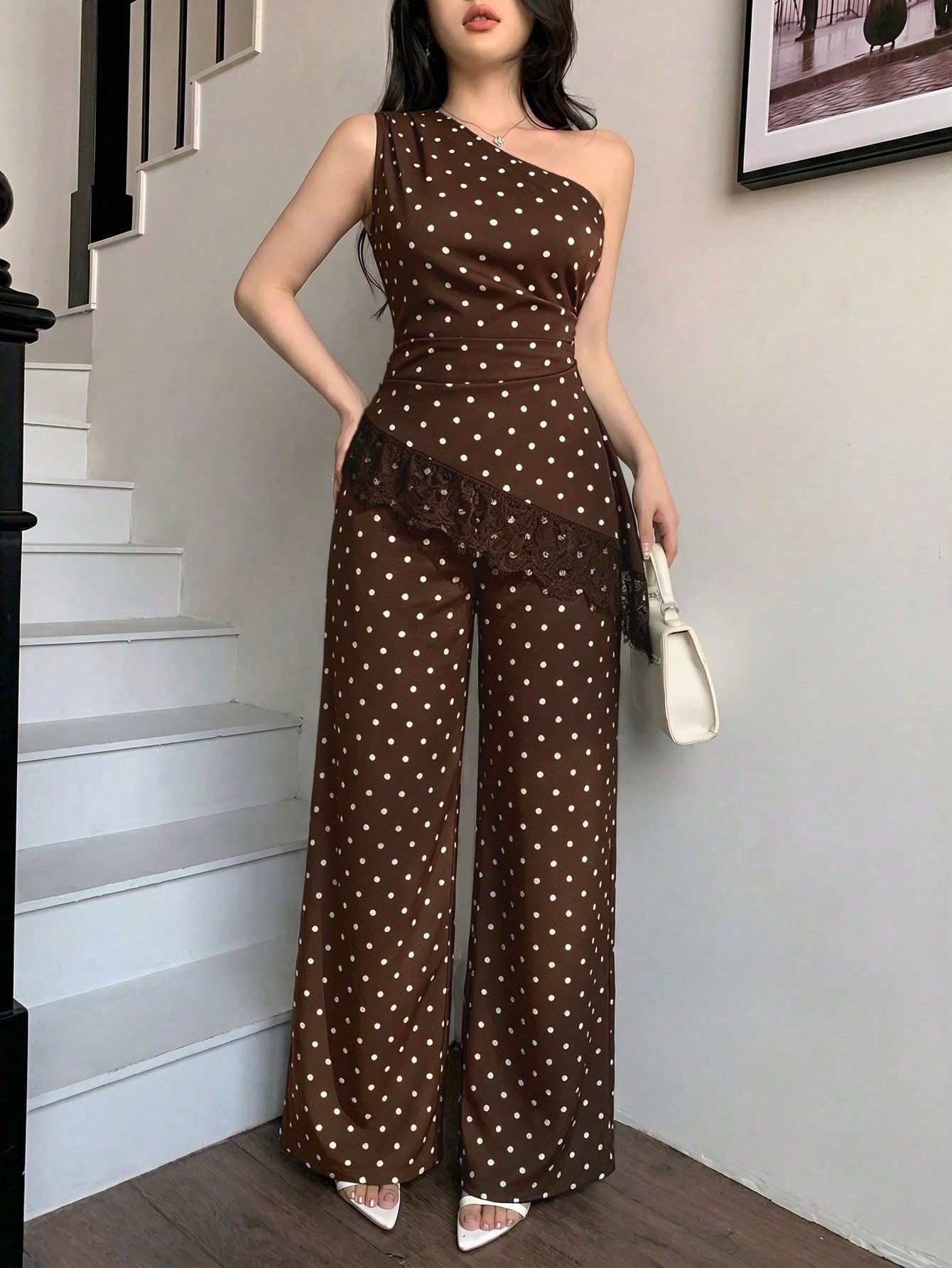 Polka Dot One-Shoulder Lace Trim Top and Wide-Leg Pants Two-Piece Set